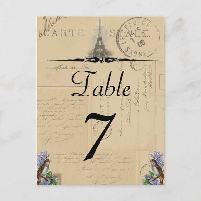 Paris Postcard Bird on Lilacs Table Number (Front)