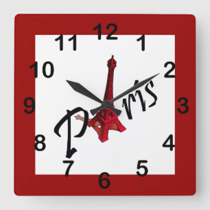 Paris, red Eiffel tower Square Wall Clock