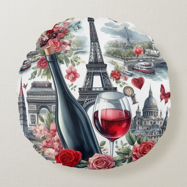 paris red wine round cushion (Front)