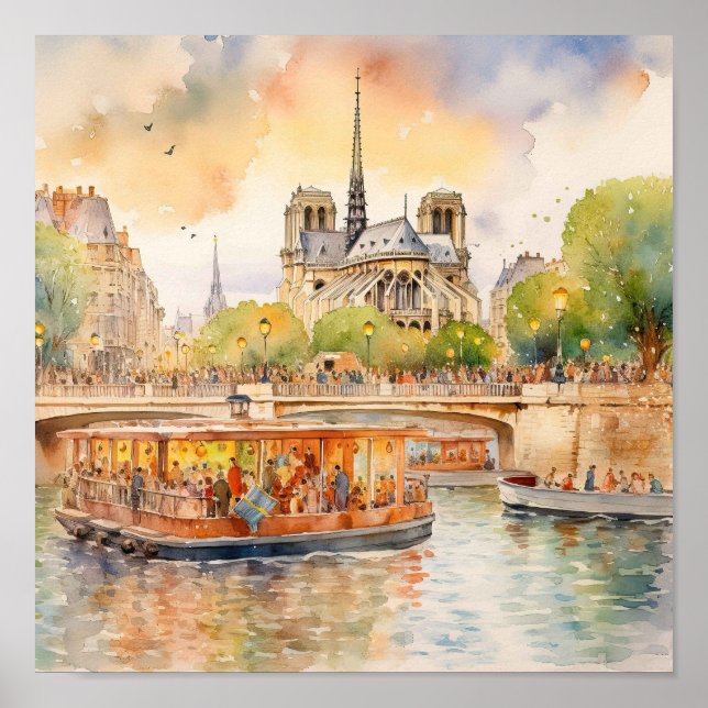 Paris River Seine Boat Trip Scene Art Poster (Front)