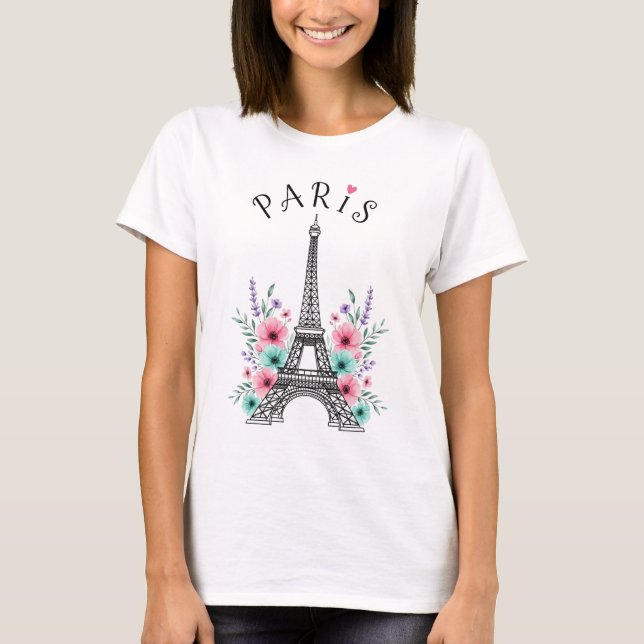 Paris Romance – Eiffel Tower & Floral Dreams T-Shirt (Front)