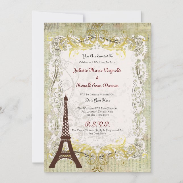Paris Romantic Vintage Style Wedding Invitation (Front)