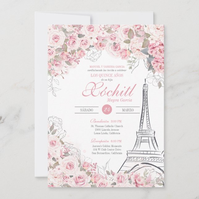 Paris Rose Garden Blossom Pink Quinceanera Invitation (Front)