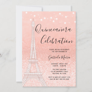 Paris Rose Gold Glitter Lights Quinceañera Invitation