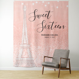Paris Rose Gold Glitter Lights Sweet 16 Backdrop Tapestry