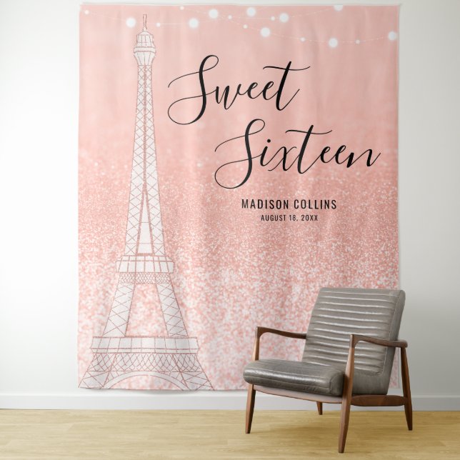 Paris Rose Gold Glitter Lights Sweet 16 Backdrop Tapestry (In Situ)