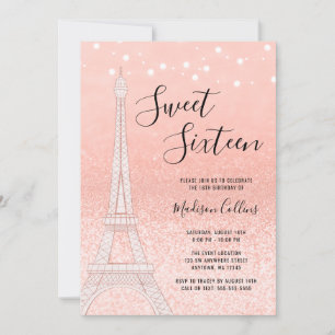 Paris Rose Gold Glitter Lights Sweet 16 Invitation