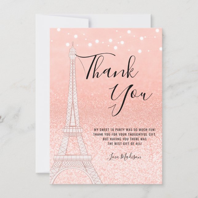 Paris Rose Gold Glitter Lights Sweet 16 Thank You Card (Front)