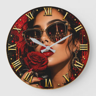 Paris Rose Noir Fashion Elegant Woman Portrait Large Clock