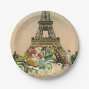 Paris Santa and Snowman Christmas Paper Plate