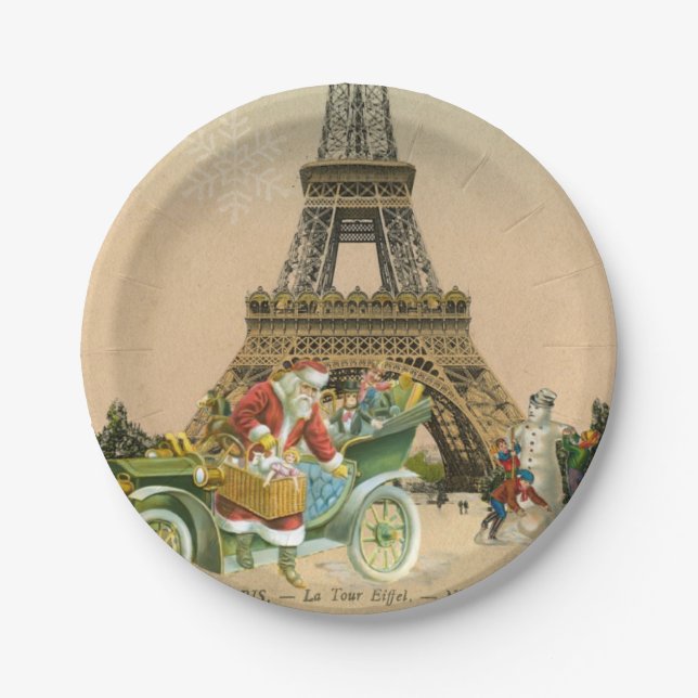 Paris Santa and Snowman Christmas Paper Plate (Front)