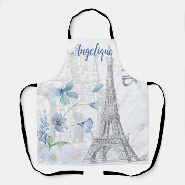 Paris Scene and Blue Flowers Custom  Apron (Front)