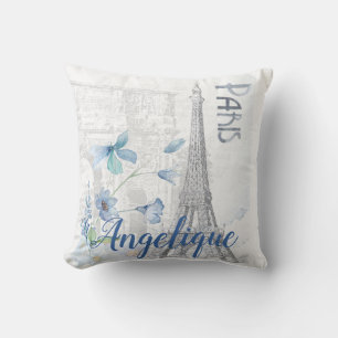 Paris Scene and Blue Flowers Custom Cushion