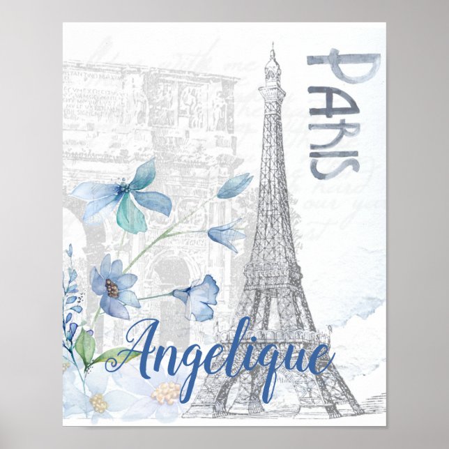 Paris Scene and Blue Flowers Custom  Poster (Front)