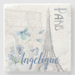 Paris Scene and Blue Flowers Custom Stone Coaster