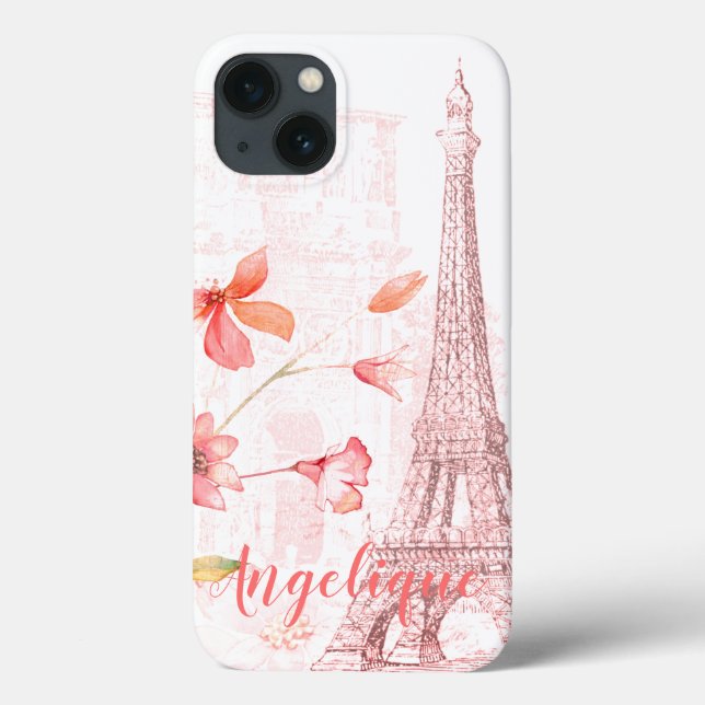 Paris Scene and Pink Flowers Custom Case-Mate iPhone Case (Back)