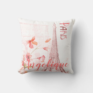 Paris Scene and Pink Flowers Custom Cushion