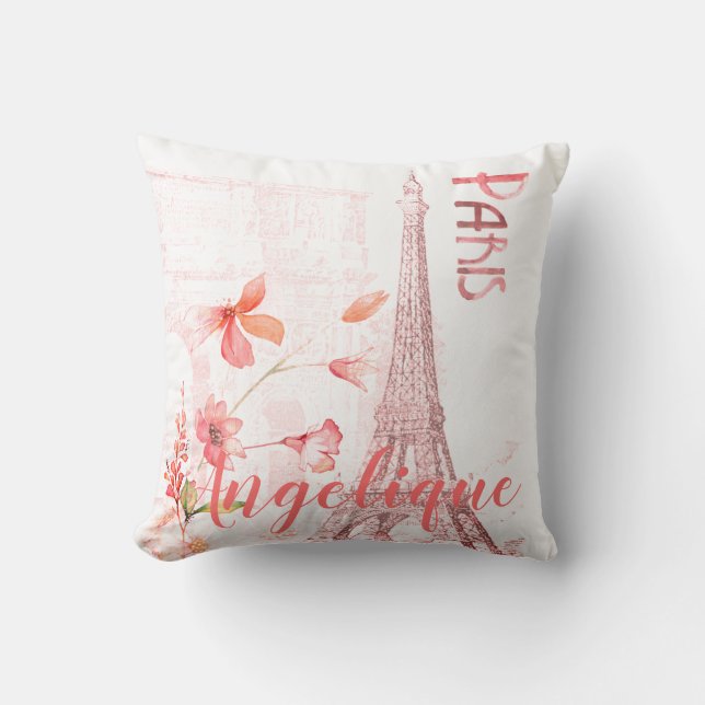 Paris Scene and Pink Flowers Custom Cushion (Front)
