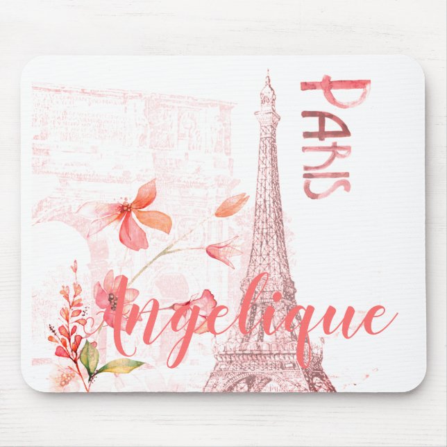 Paris Scene and Pink Flowers Custom Mouse Mat (Front)