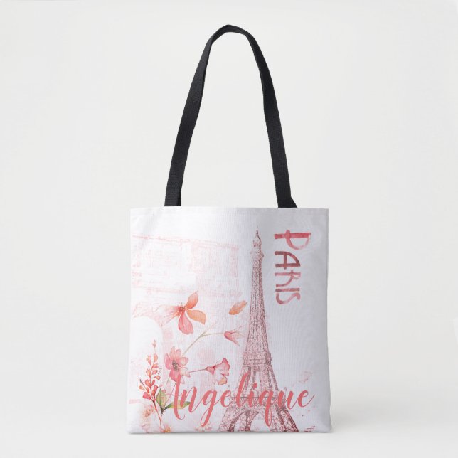Paris Scene and Pink Flowers Custom Tote Bag (Front)