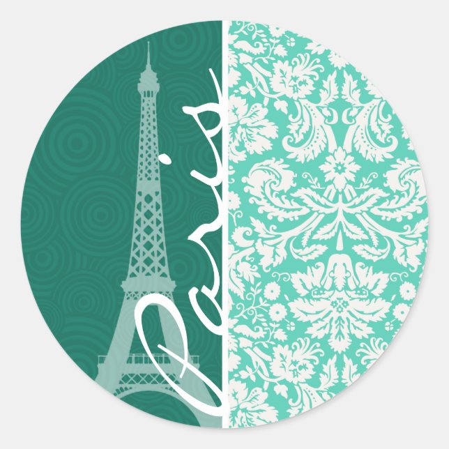 Paris; Seafoam Green Damask Classic Round Sticker (Front)