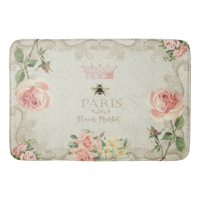 Paris Shabby Peach Pink Roses Bath Mat (Front)