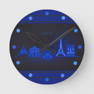 Paris Skline Neon Blue Look Cityscape  Wall Round Clock