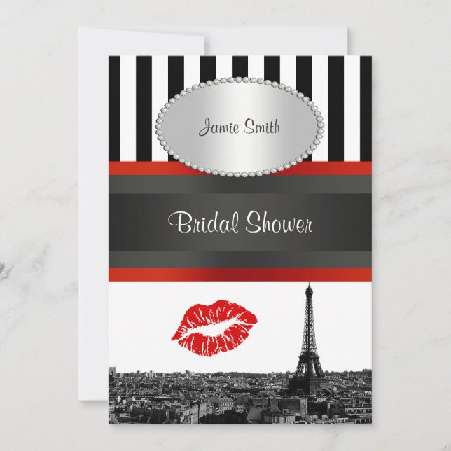 Paris Skyline BW Stripe Red Kiss PV Bridal Shower Invitation (Front)