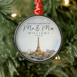 Paris Skyline Elegant First Christmas As Mr & Mrs Metal Tree Decoration