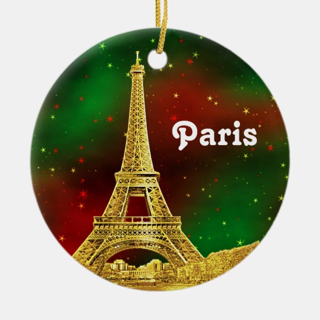 Paris Skyline Etched, Green Red Starry Sky Xmas Ceramic Tree Decoration (Front)
