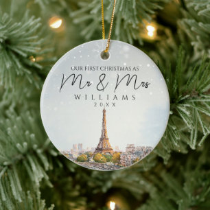 Paris Skyline First Christmas As Mr & Mrs Photo Ceramic Tree Decoration