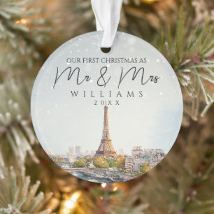 Paris Skyline First Christmas As Mr & Mrs Photo Ornament