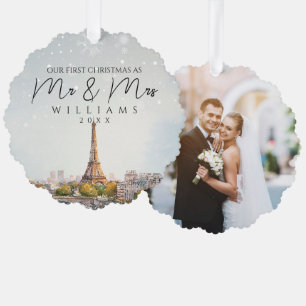 Paris Skyline First Christmas As Mr & Mrs Photo Tree Decoration Card