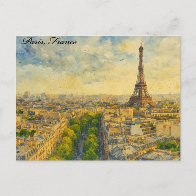 Paris Skyline in Watercolor – Eiffel Tower Postcard (Front)