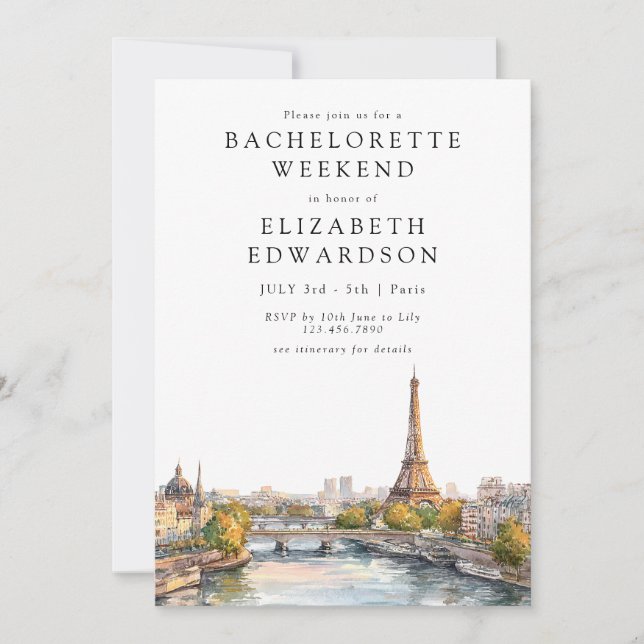 Paris Skyline Watercolor Bachelorette Weekend Invitation (Front)