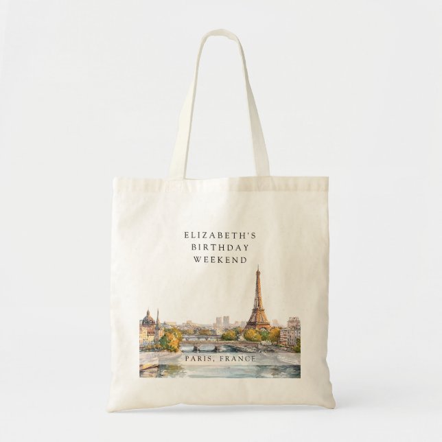 Paris Skyline Watercolor Birthday Weekend Tote Bag (Front)