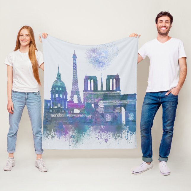 Paris Skyline - Watercolor Blue Fleece Blanket (In Situ)
