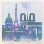Paris Skyline - Watercolor Blue Glass Coaster<br><div class="desc">Paris Skyline Watercolour Splash Blue by Fab Funky. Features famous landmarks of Paris in a watercolor style.</div>