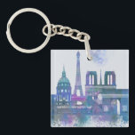 Paris Skyline - Watercolor Blue Key Ring<br><div class="desc">Paris Skyline Watercolour Splash Blue by Fab Funky. Features famous landmarks of Paris in a watercolor style.</div>