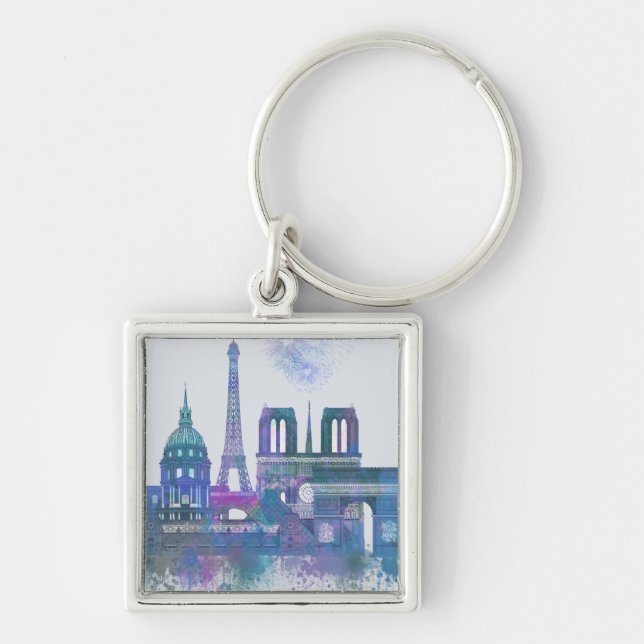 Paris Skyline - Watercolor Blue Key Ring (Front)