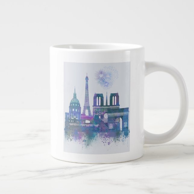 Paris Skyline - Watercolor Blue Large Coffee Mug (Right)