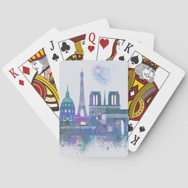 Paris Skyline - Watercolor Blue Playing Cards (Back)