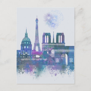 Paris Skyline - Watercolor Blue Postcard