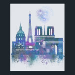 Paris Skyline - Watercolor Blue Poster<br><div class="desc">Paris Skyline Watercolour Splash Blue by Fab Funky. Features famous landmarks of Paris in a watercolor style.</div>