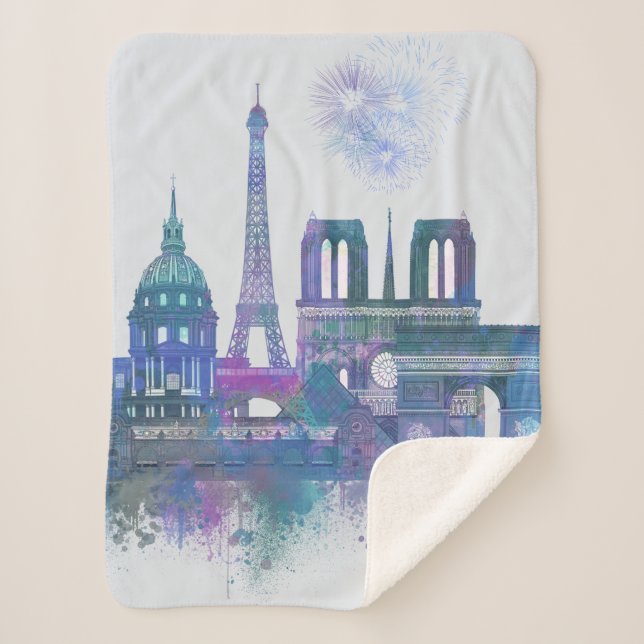 Paris Skyline - Watercolor Blue Sherpa Blanket (Front)