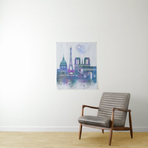 Paris Skyline - Watercolor Blue Tapestry