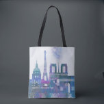 Paris Skyline - Watercolor Blue Tote Bag<br><div class="desc">Paris Skyline Watercolour Splash Blue by Fab Funky. Features famous landmarks of Paris in a watercolor style.</div>
