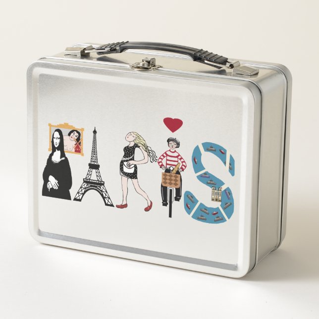 Paris spelled out in iconic images metal lunch box (Front)