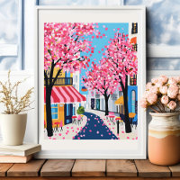 Paris Street Cherry Blossoms Cafe Wall Art