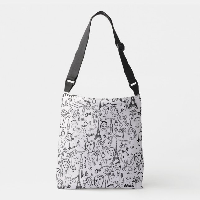 Paris Street Scene Black & White Line Drawing Crossbody Bag (Front)